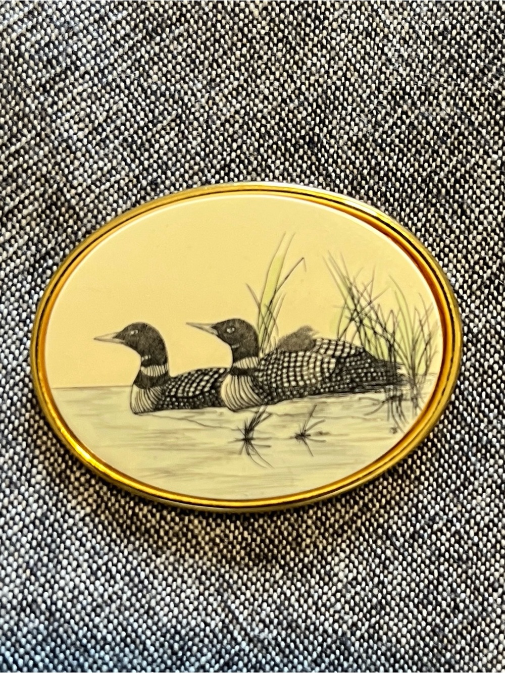 Barlow Gold Toned Oval Scrimshaw Loon Pin Brooch 1980s “Northern Song Loon”